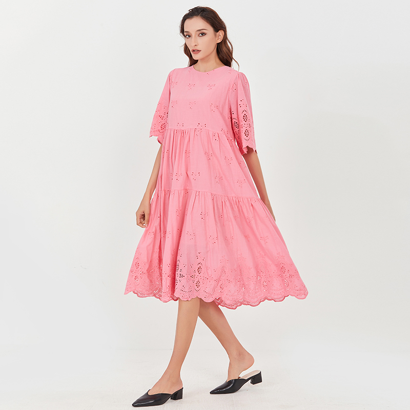 VGH Pink Hollow Out Dress For Women O Neck Half Sleeve Ruched Elegant Midi Dresses Female Fashion New Clothing Summer Tide 210421