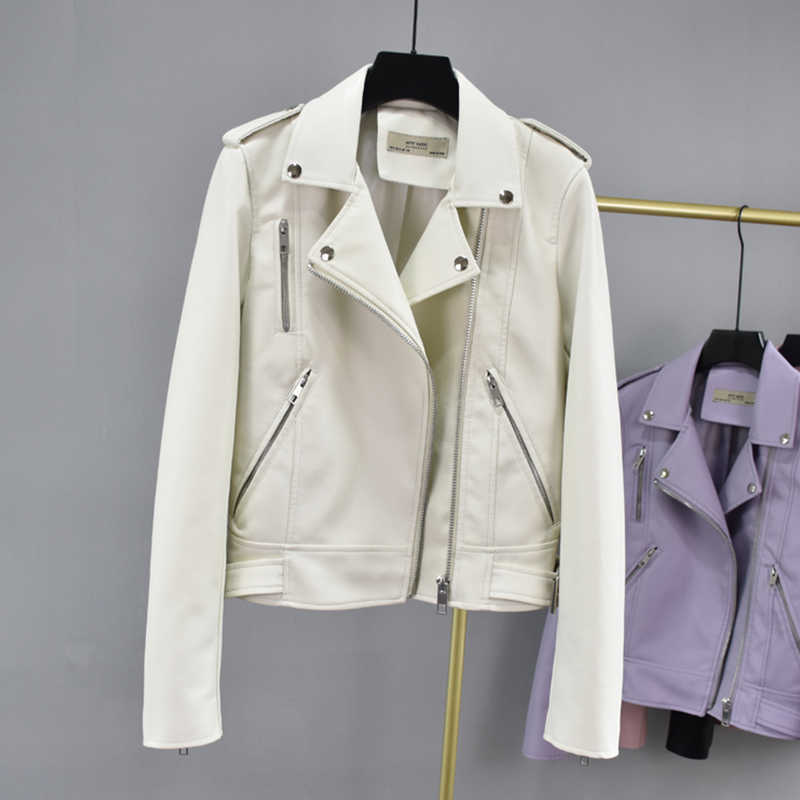 LY VAREY LIN Autumn Faux Leather Jackets Women Turn Down Collar Rivet Zippers Epaulet Pockets Moto Biker PU Streetwear 210526