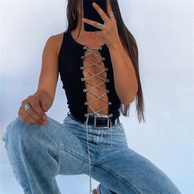 Sexy Woman Black Slim Hollow Out Crop Tops Summer Fashion Y2K Chain Patchwork Top Ladies Stretchy Lacing Knit Vest 210515