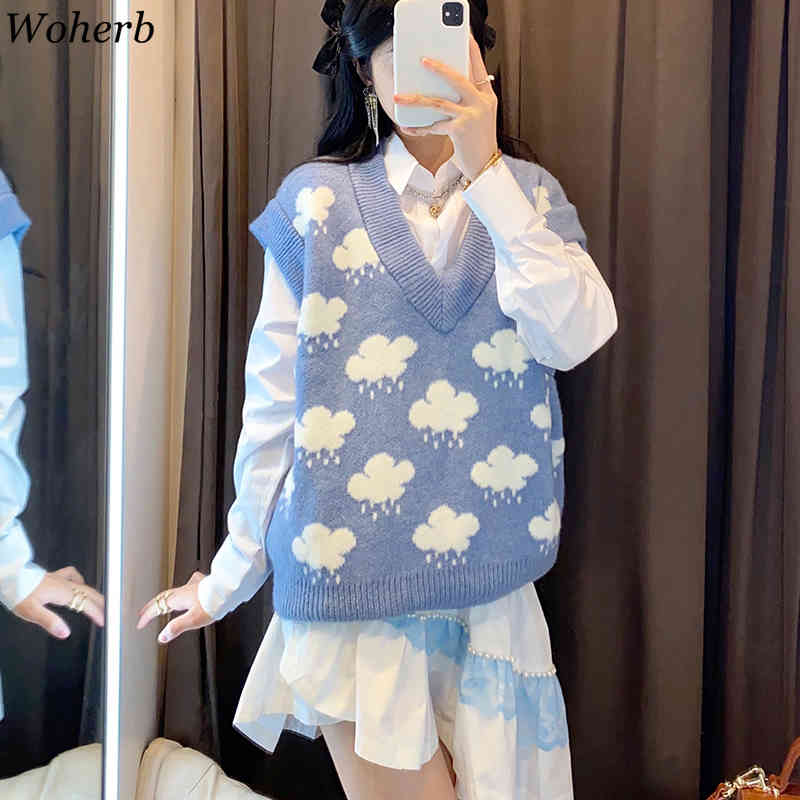 Kawaii Knitted V-neck Sweater Vest Women Cloud Print Blue Knitwear Waistcoat Spring Cute Girls Gilet All Match 210519