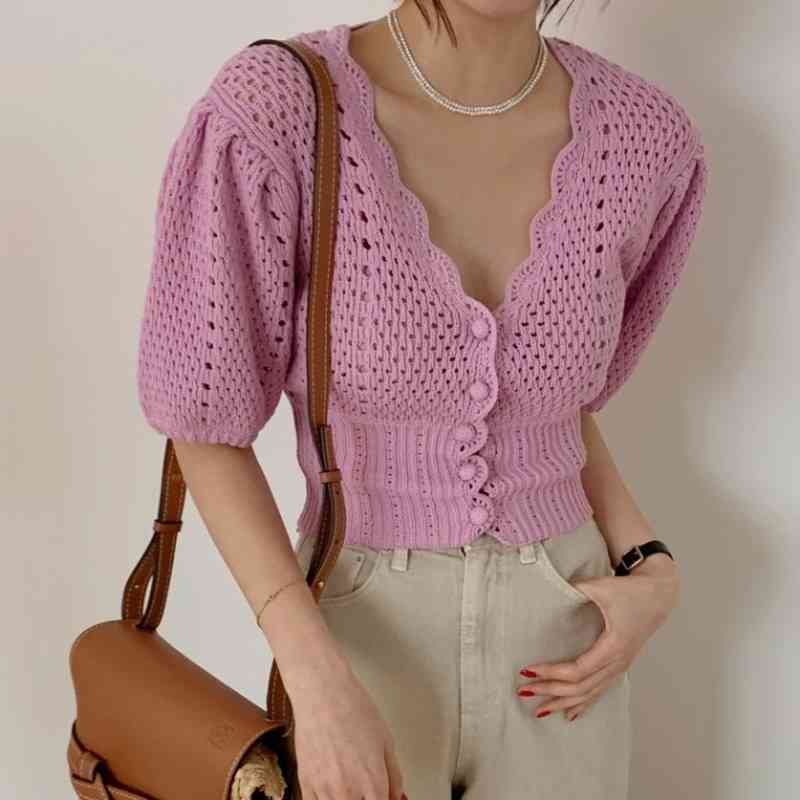 Gentle White V Neck Puff Sleeve Hook Flower Hollow Out Knitted Top Loose Temperament Single Breasted Short Cardigan 210429
