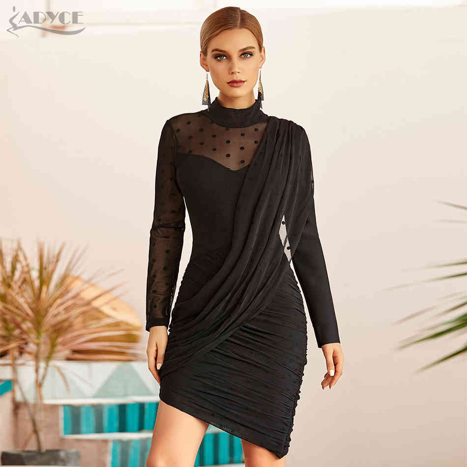 Winter Women Lace Long Sleeve Bodycon Bandage Dress Sexy Black Draped Midi Celebrity Evening Runway Party Dresses 210423