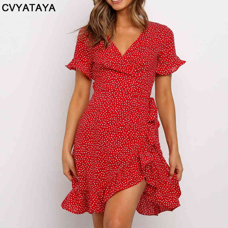 Boho Ruffles Wrap Summer Dress Sexy V Neck Short Sleeve Floral Printed A Line Self Tie Mini Red Dresses For Women Vestidos 210331