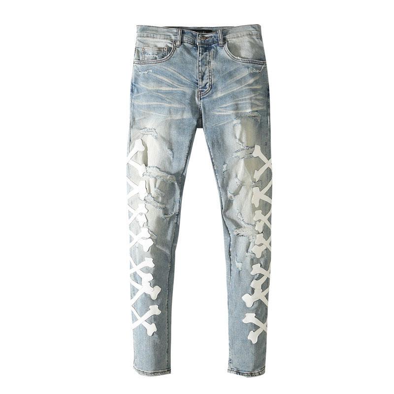 Men's Jeans 2021 Male Blue Trousers Holes Make Old High Street With Embroidered Bone Pacth Stretch Slim Denim Pants
Men's Jeans 2021 Male Blue Trousers Holes Make Old High Street With Embroidered Bone Pacth Stretch Slim Denim Pants
