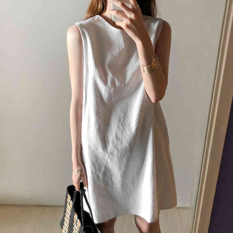 Simple Casual Loose O-collar Sleeveless Female Dress Korean Style Ins Cotton Linen Multi-Color Basic Vest Robe Femme 10089 210427