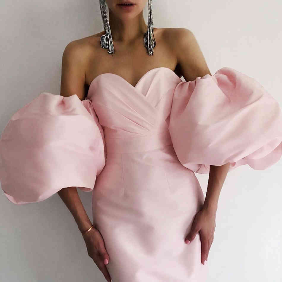 Summer Women Fashion Off Shoulder Black Club Midi Dress Sexy Short Lantern Sleeve Celebrity Runway Party Dresses 210423