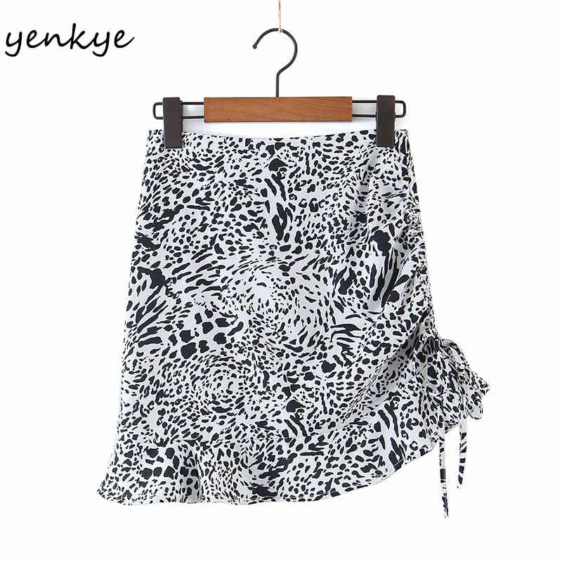 Vintage Animal Print Sexy Skirt Women Side Drawstring High Waist Asymmetric Mini Hem Ruffle Summer Jupe Femme 210430
