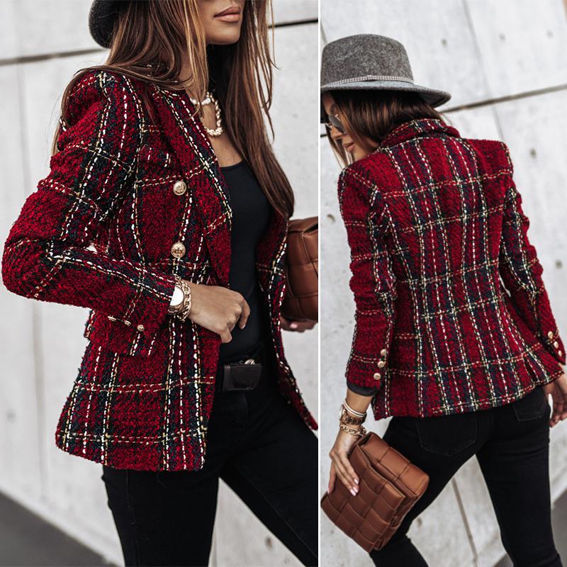 Women's Suits & Blazers Women 2021 Fashion Texture Double Breasted Check Blazer Coat Vintage Long Sleeve Pockets Female Outerwear