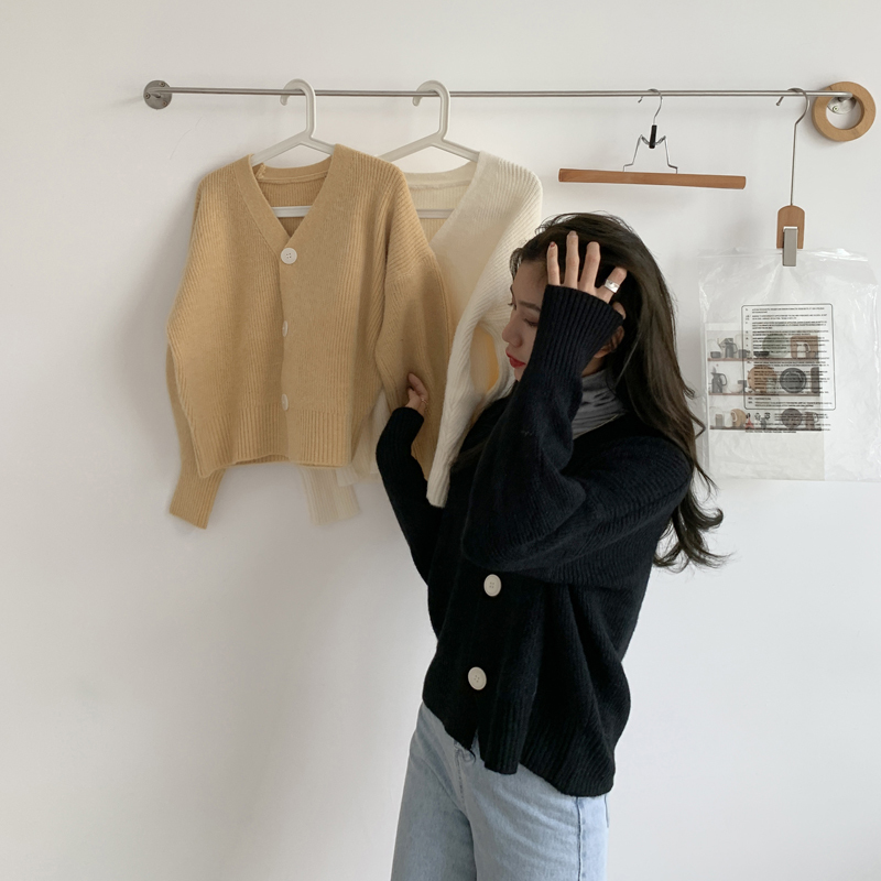 Comelsexy V Neck Knitted Sweater Cardigan Women Single Breasted Oversized Cardigans Crop Tops Autumn Winter Ladies Sweater 210515