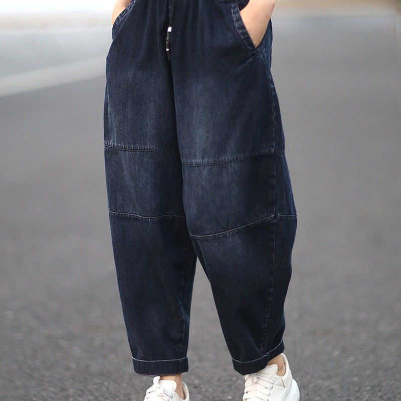 Autumn Arts Style Women Elastic Waist Loose Jeans Allmatched Casual Cotton Denim Harem Pants Plus Size vintage S555 210922