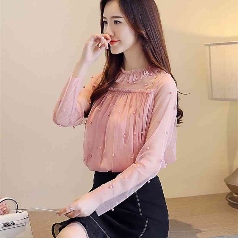 Lace Sexy Women Blouses Shirts Autumn Long Sleeve Blouse Bead Fashion Chiffon Elegant Tops Sweet Female Blusas 0863 30 210506