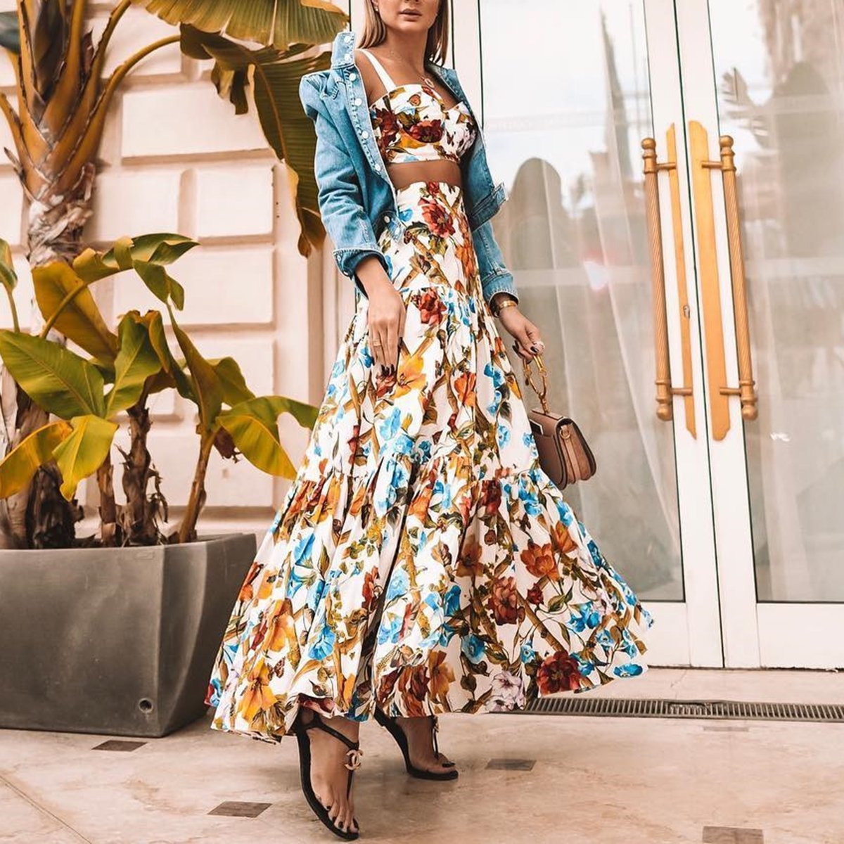 Women Set Top Skirts Sleeveless Short Sling Tops High Waist Long Plus Size Printing Sexy Sets 210524