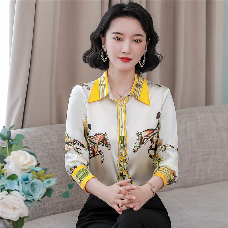 Luxury Satin Printed Runway Shirt 2023 Designer Long Sleeve Office Lady Elegant Button Up Blouse Spring Autumn Winter Vintage Fashion High-End Slim Sw