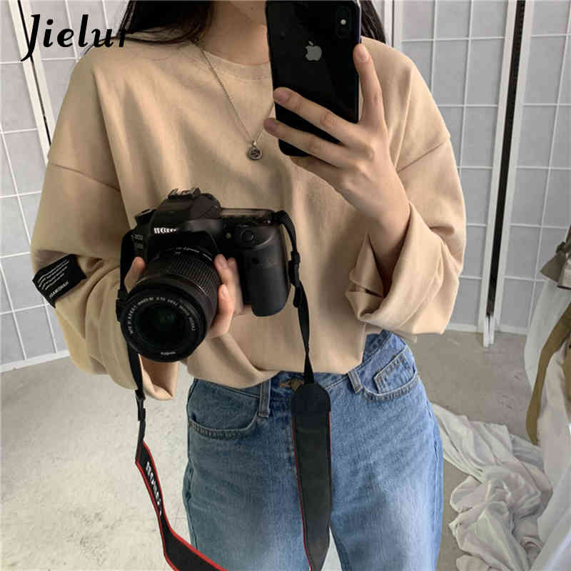 Jielur Korean Style Fashion Long Sleeve T-shirt Women Harajuku BF T-shirts Spring Loose Couple Tees White Top Hipster Clothing 210406