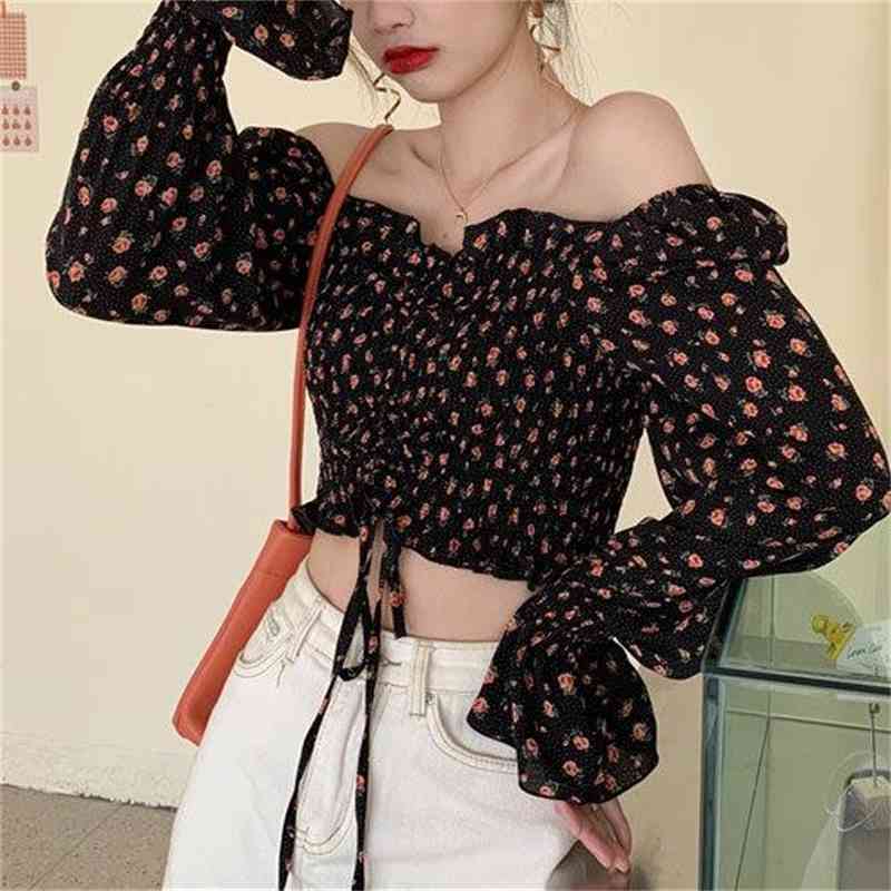 Summer Chiffon Floral Blouse Female Cropped Top Square Collar Korean Style Lantern Sleeves Flower 210510