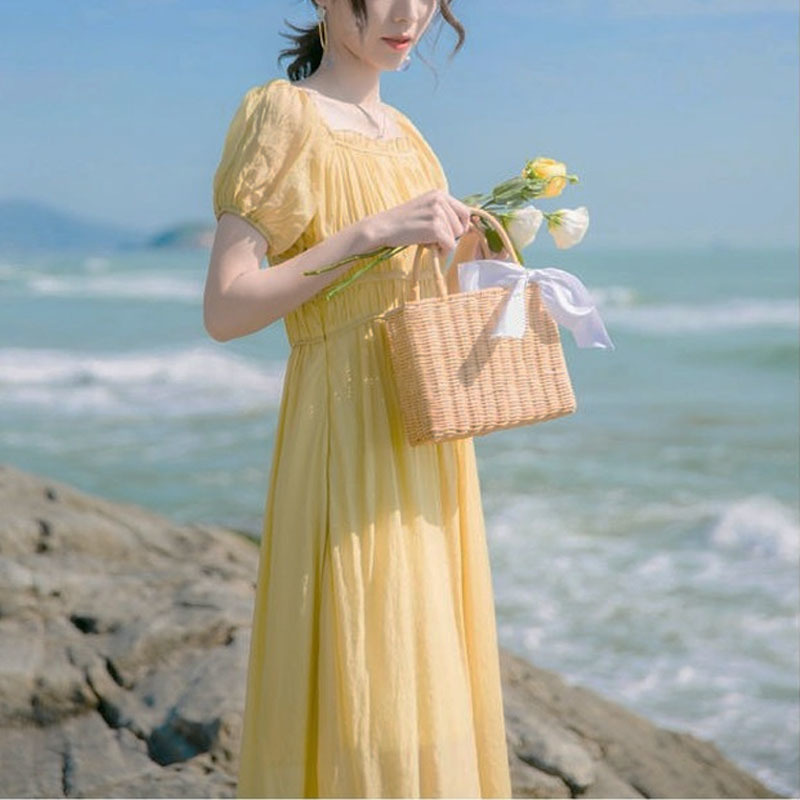 Dress Korean Sweet Elegant Dress Women Short Sleeve Casual Thin Beach Dress for Females Summer Chic Office Lady 210521
