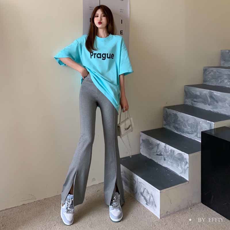Pants & Capris Summer Thin Tight High Waist Split Blue Flare Pant Women All-match Black Grey Pantalones De Mujer Slim Casual 210429