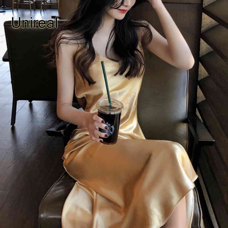 Unireal Summer Women Satin Slip Dress Spaghetti Strap Gold Black Silk Sexy Long Mermaid Party Dress 210409