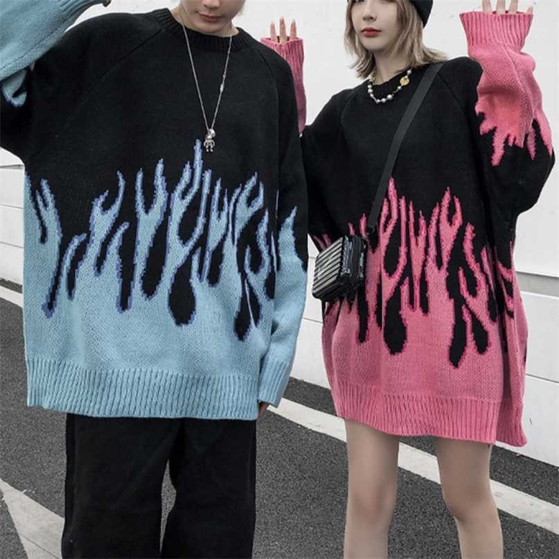 Autumn and winter flame print sweater men women couple coat loose knit round neck top comfortable pullover 211011Z