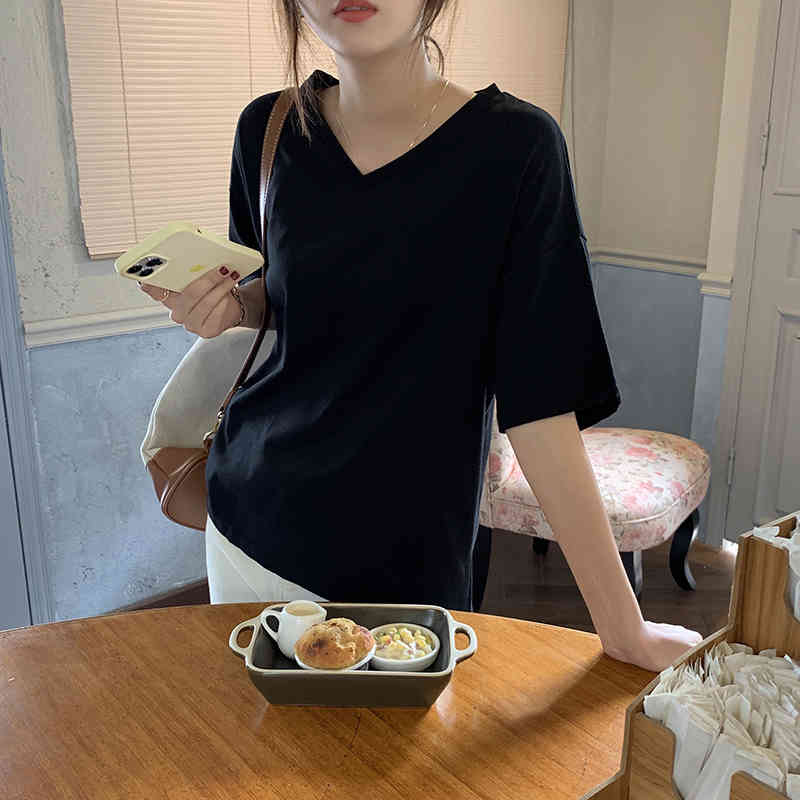 Summer Short Sleeves All Match Loose Casual Brief Female Streetwear Cotton Minimalist Tops V-Neck Women T-Shirts 210421