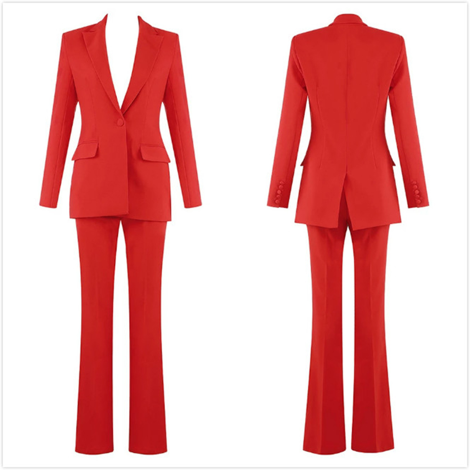 Free Spring Women's Red Blazer Set Elegant V-neck Long Sleeve Blazer&flared Pants 2 Two-piece Runway Party 210524