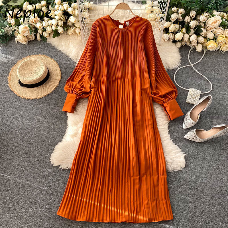 Neploe Chiffon Chic Drawstring Pleated Dresses O-neck Puff Sleeve Loose Beach Style Dress Solid Color Sweet Mid-length Vestidos 210422