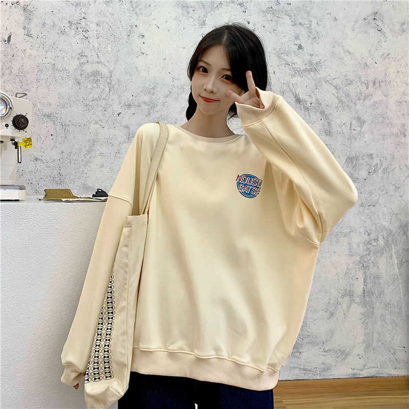 Qooth Sweatshirt Women O-Neck Tops Oversize Japanese Style Harajuku Students Long Pullovers Grey Loose QT282 210609