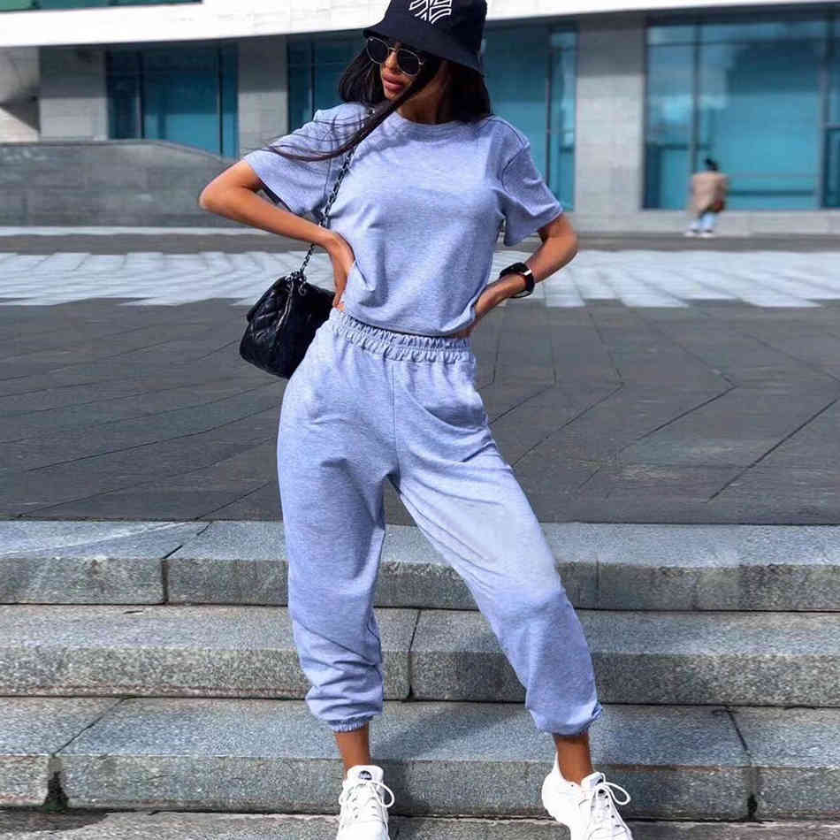 Free Women Summer Sports Pants Suit Casual Short Sleeve Loose Pullover T-shirt & Elastic Two-piece Harem Set 210524