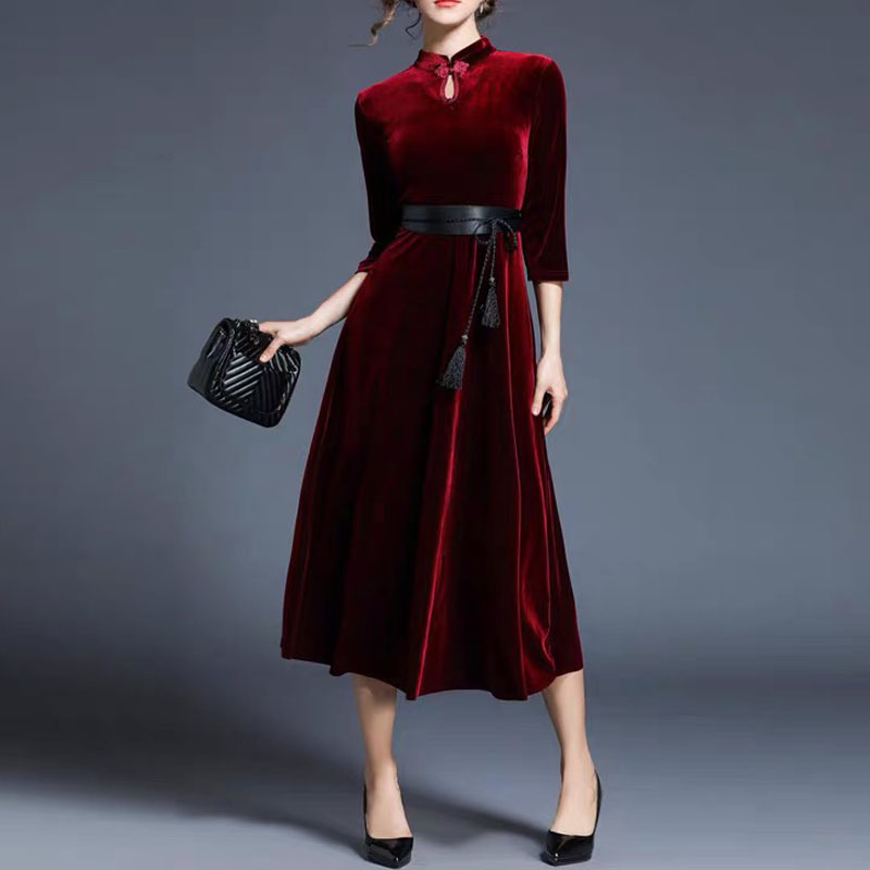Elegant Velvet Midi Dress for Women Autumn and Winter Casual Boho Long Sleeves Fuchsia Vintage Party es 210421