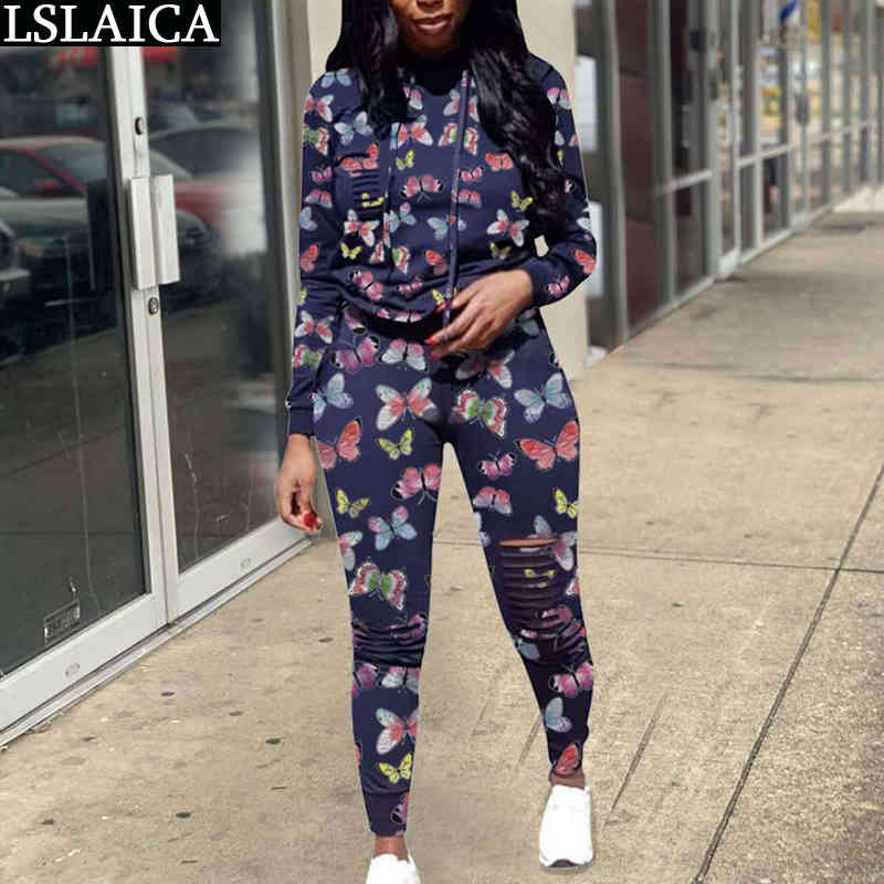 Fashion Two Piece Set Tracksuit Women Autumn Long Sleeve Hooded Sweatshirt Tops Hole Pants Sports Suit 210515