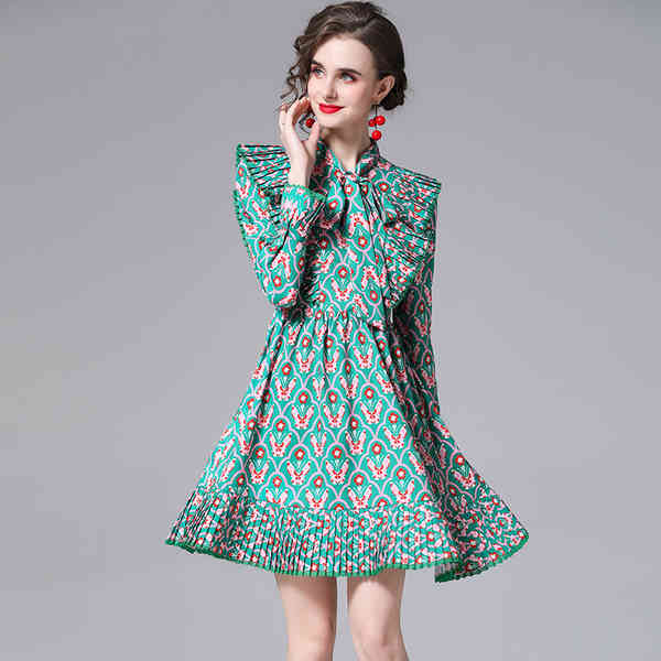 Fashion Runway Beach Dress Summer Women Flare Sleeve Bow Neck Green Floral Print Ladies Ruffles A-Line Mini 210519