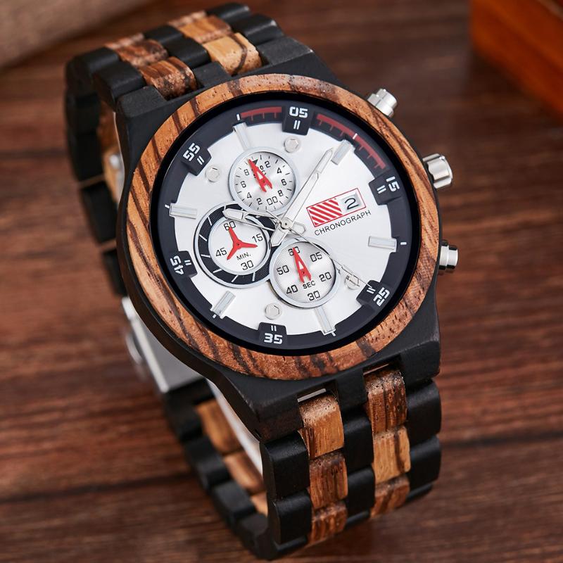 Wristwatches Creative Wood Watch Men Quartz Chronograph Date Wrist Watches Full Wooden Clock Multi-function Dial Retro Male Reloj De Madera, Type 1