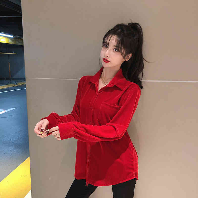 Corduroy Blouses Spring Fall Women Turn-Down Collar Single-Breasted Vintage Tops Long Sleeve Red Shirts 210519