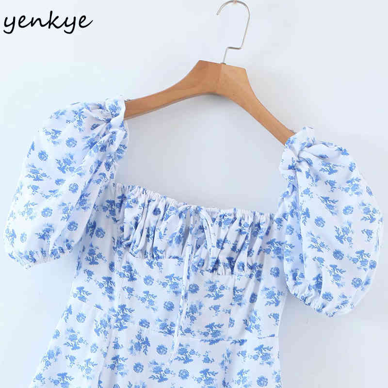 Blue Floral Print Elegant Long Maxi Dress Women Square Neck Short Sleeve Sexy Slits A-line Summer Robe Longue 210430