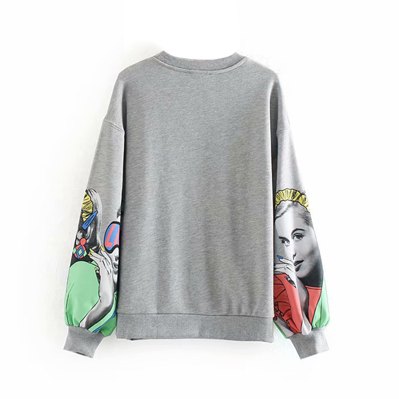 Fashion Character Print Sweatshirt Women Loose O Neck Casual Pullover Female Long Sleeve Hoodies Ladies Sweatshirts Gray Top 210515