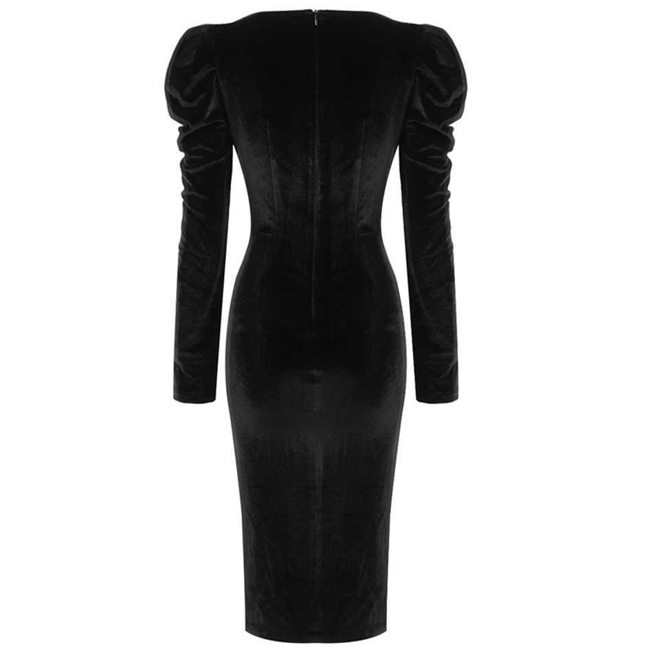Women'S Black Velvet Knee-Length Long Sleeve Sexy Square Neck Celebrity Party Tight Club Dress Vestido 210527