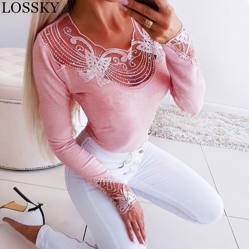 Autumn Winter Mesh Lace Beading Patchwork Sexy Bodycon Women's T-shirt Slim Long Sleeve Black Tshirt Female Shirt Blusas 210507