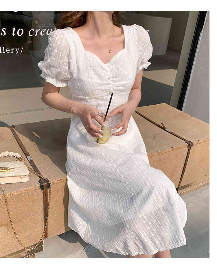Sweet Embroidery Cotton Elegant White Dresses Summer Puff Short Sleeve Square Collar Split Sexy Party Dress 210519