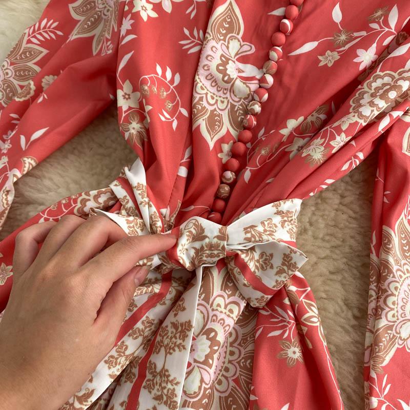 Women Stand Collar Lantern Sleeves Waistband Single-breasted Retro Printed Flowers Red Long Dress Ladies Casual Dresses