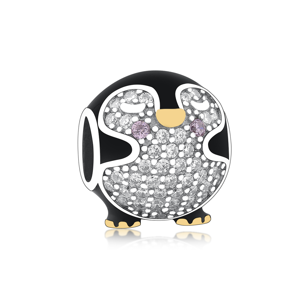 Fit Original Pandora Charm Bracelet Real 925 Silver Black Baby Penguin Gold Color Foot Bead For Making Berloque