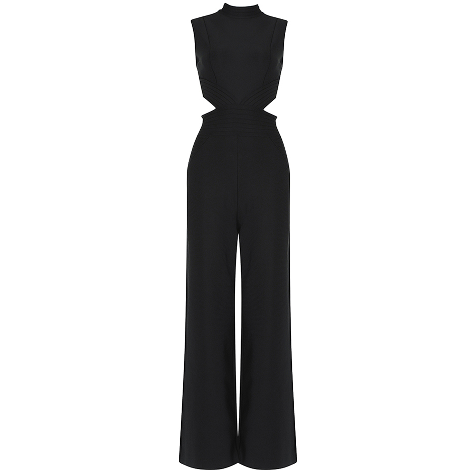 Summer Ladies Black Tight O-neck Sleeveless Hollow Pants Casual Office Straight Leg Sexy Party Jumpsuit 210525