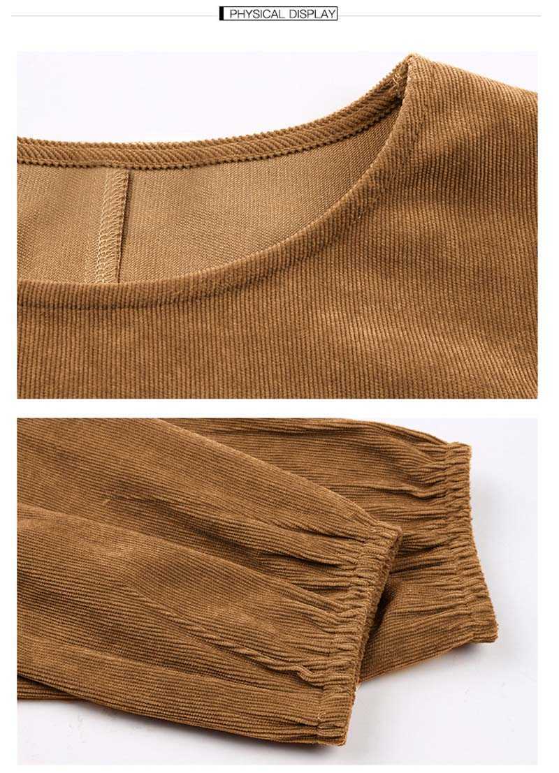 Elegant Corduroy Women Drees Solid Casual O-Neck Latern Sleeve Office Lady Dress With Belt W634 210526