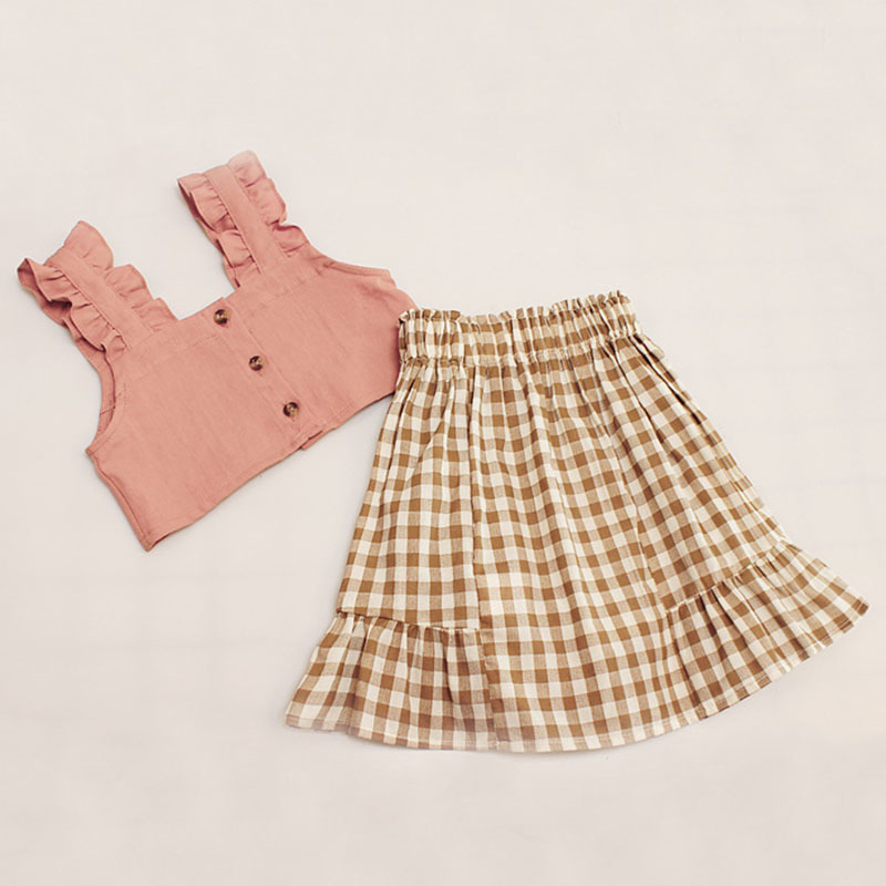 Summer Baby Girls Braces Vest + Grid Skirt Set Kids Girl Princess Dress Suit Clothing Casual Fashion 210521
