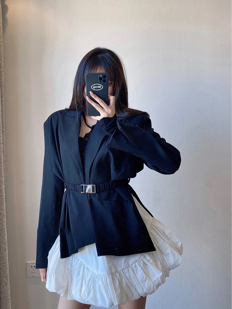 [DEAT] Notched Collar Solid Color Side Split Cut Belt Irregular Suit Coat Temperament British Style Suit Spring GX659 210428