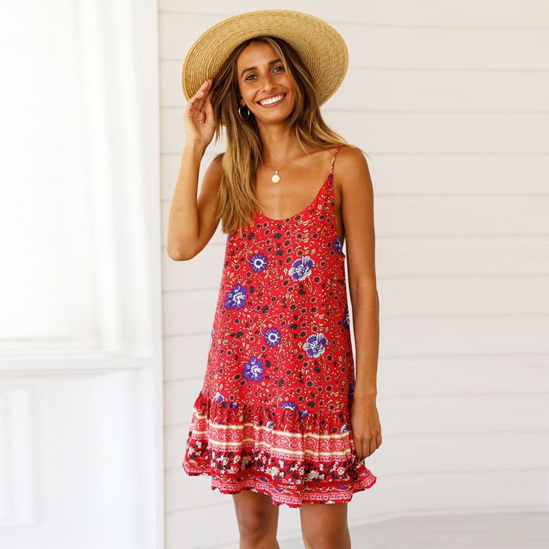 Women Dress Deep V Neck Bohemia Print es Backless Sling Flower Sexy Loose Short Beach es Summer 210524