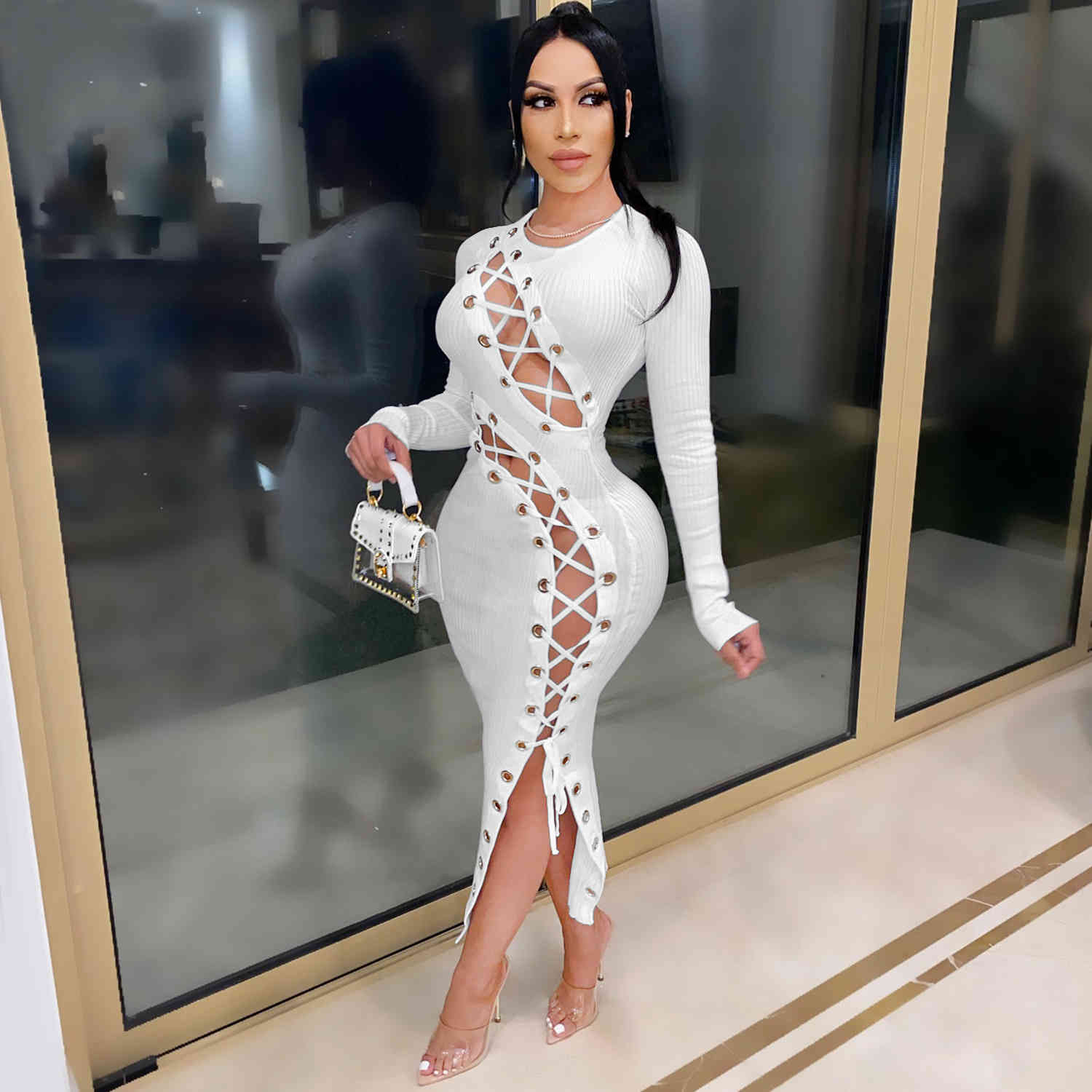 New 2024 Women Autumn And Winter Solid Color Long Sleeve Bandage Dress Sexy Hollow Out Halter Ladies Club Party Dresses