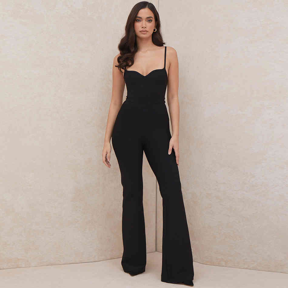 Free Summer Women's Bandage Jumpsuit Sexy V-neck Spaghetti Strap Sleeveless Halter Club Party Flare 210524