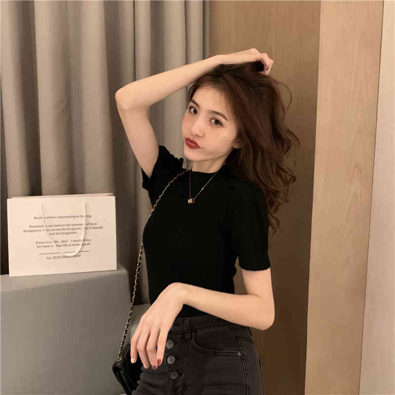 Women Solid Half Turtleneck O Neck Short Puff Sleeve Summer Knitted Shirts Female Loose Casual Cotton Ladies Top 10375 210518