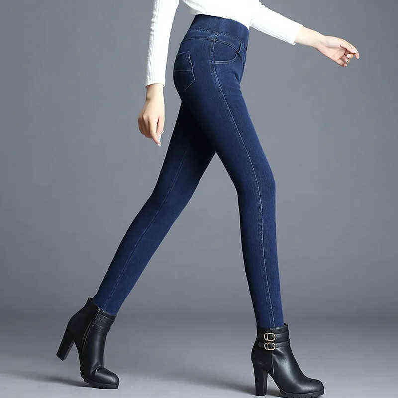 Winter blue skinny thick denim pencil pants women Casual solid colors elastic high waist warm jeans cowboy butt lifting legging 211112
