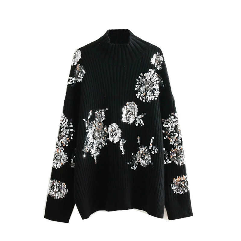 ZA Women Fashion Beading Sequins Loose Knitted Sweaters Vintage High Collar Long Sleeve Female Pullovers Chic Tops 210602